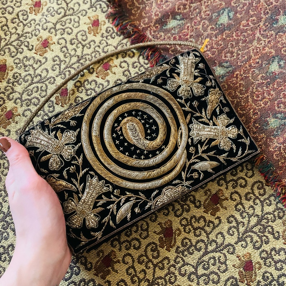 Vintage Indian Zardozi Velvet Gold Embroidered Cobra Snake Evening Purse